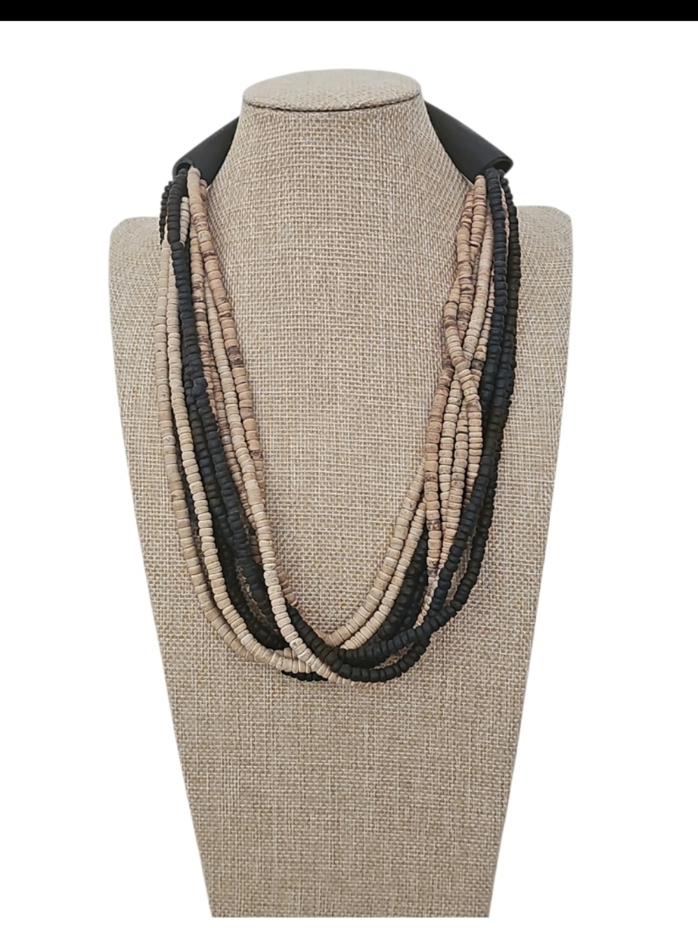 Layered Black and Beige Beaded Statement Necklace